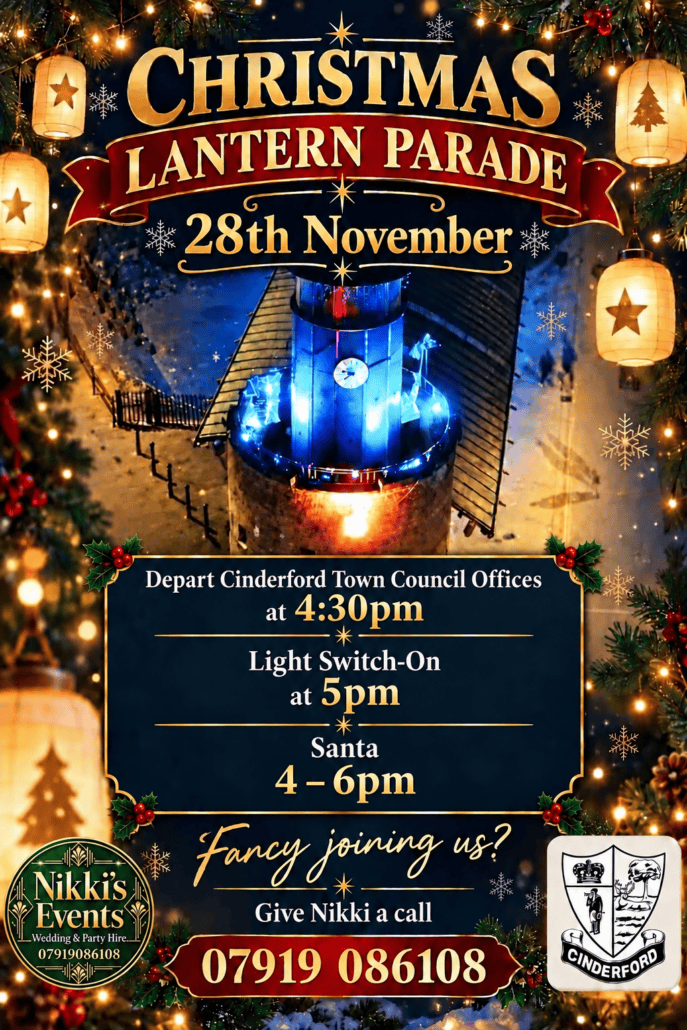 Poster for the Christmas Lantern Parade on 28th November, featuring event times, location, and contact information for Nikki’s Events in Cinderford.