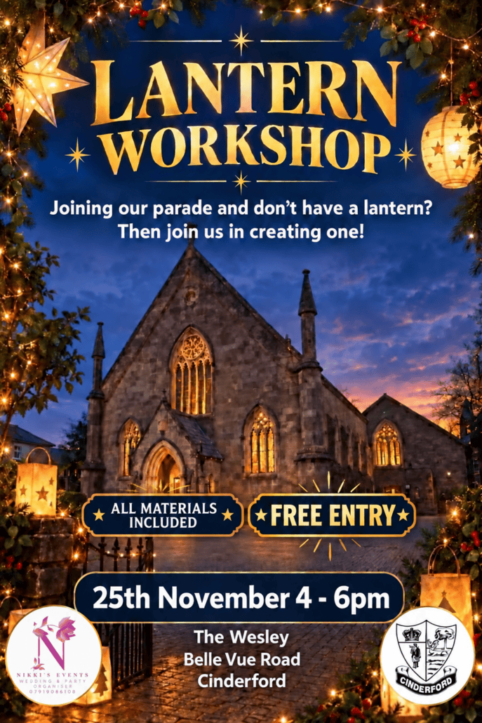 Poster for a Lantern Workshop event on 25 November, from 4–6pm at The Wesley, Belle Vue Road, Cinderford, featuring free entry and materials.
