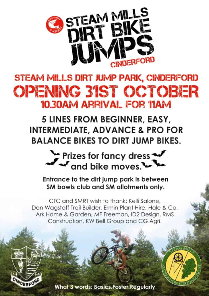Event flyer for the Steam Mills Dirt Bike Jumps opening on 31 October in Cinderford, featuring park details, a list of sponsors, and an image of a cyclist performing a jump.